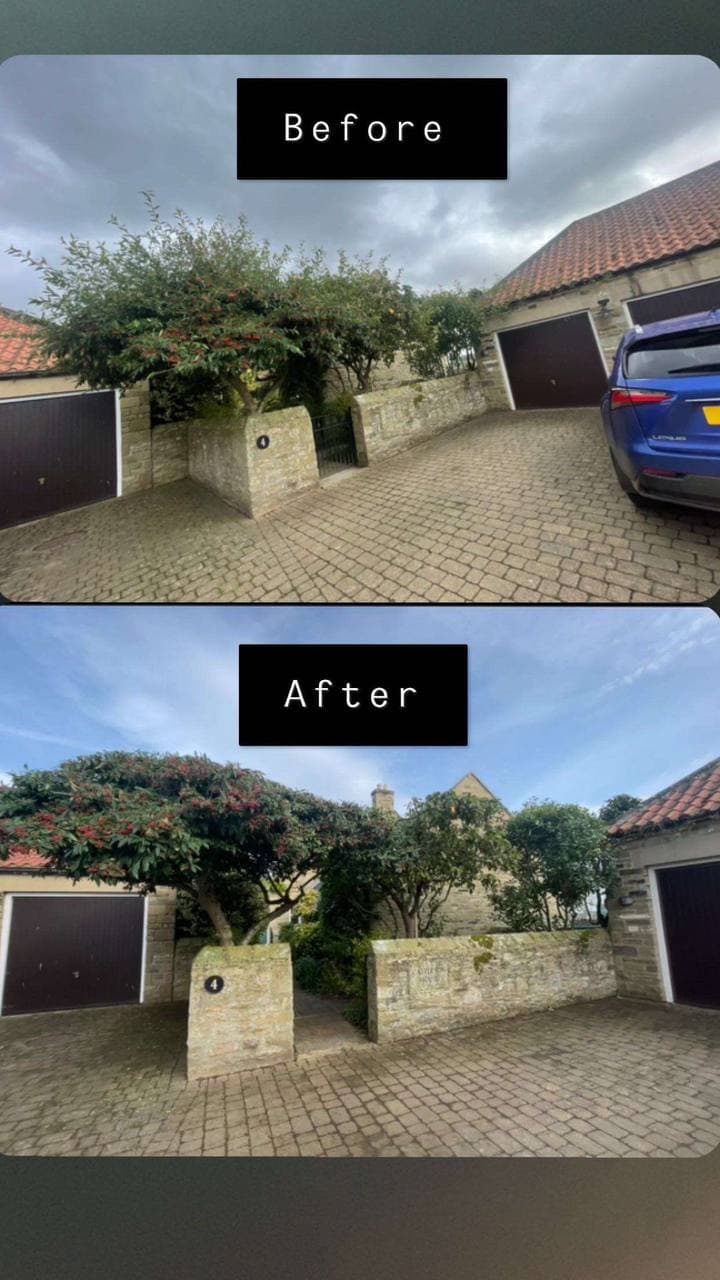 Before and after of a block-paved driveway brought back by jet washing