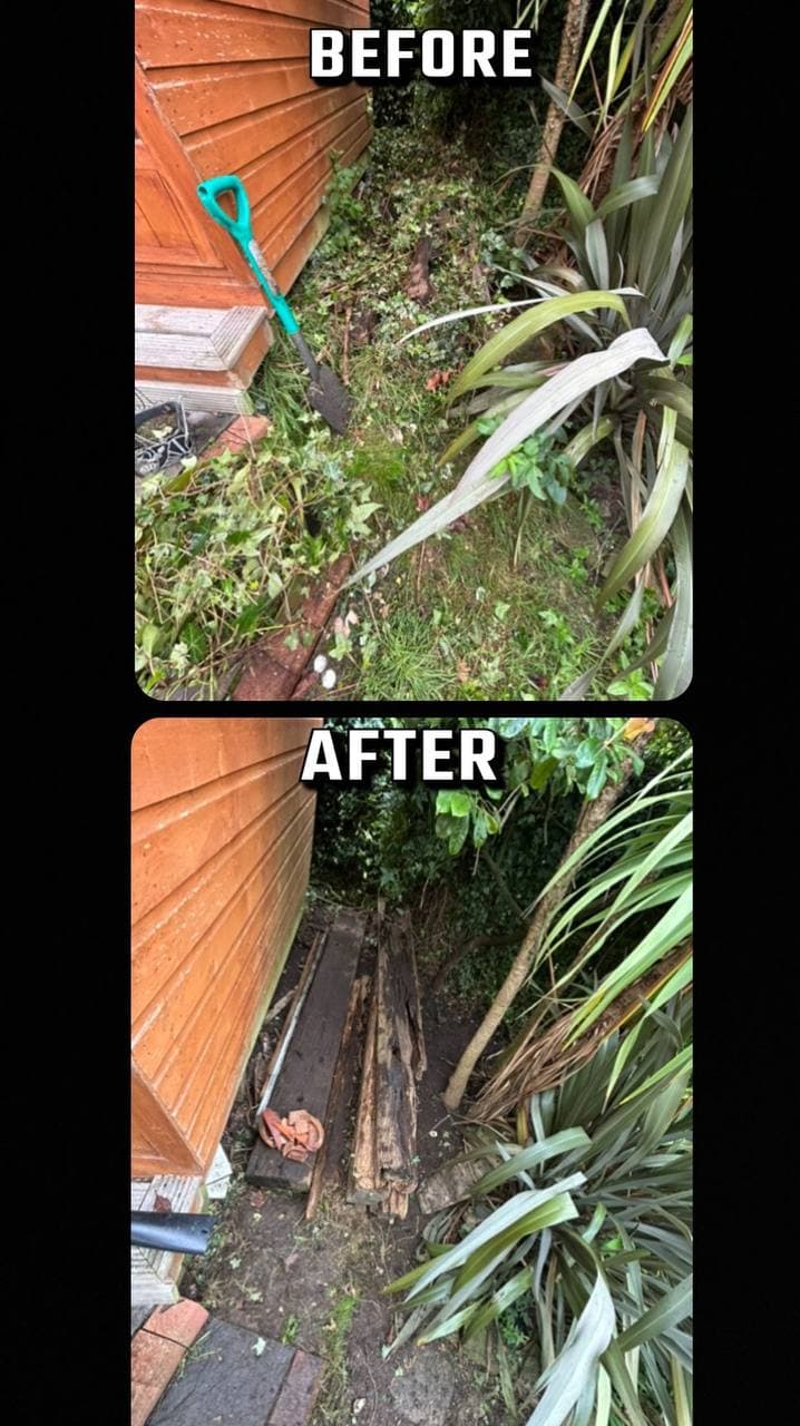 Before and after of a narrow side border cleared and rotten timber removed