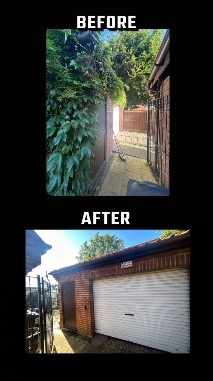 Before and after of climbing growth cleared from a garage, restoring access