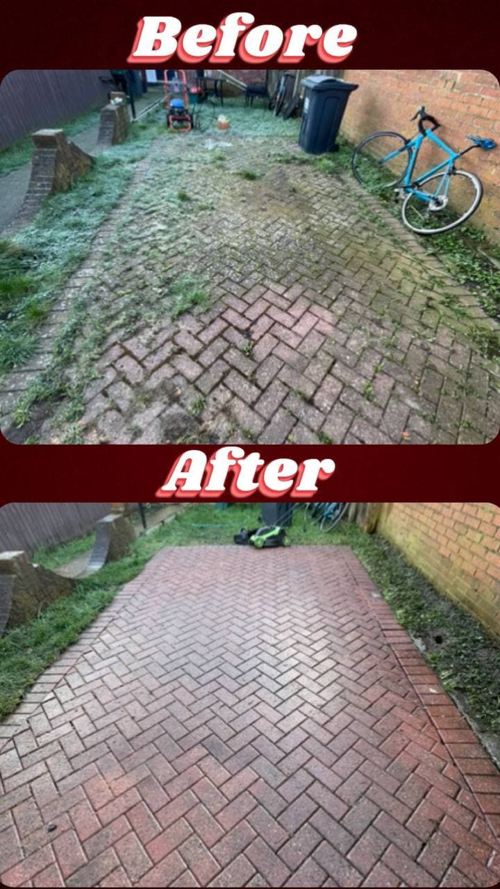 Before and after of a block-paved path scrubbed clean of moss