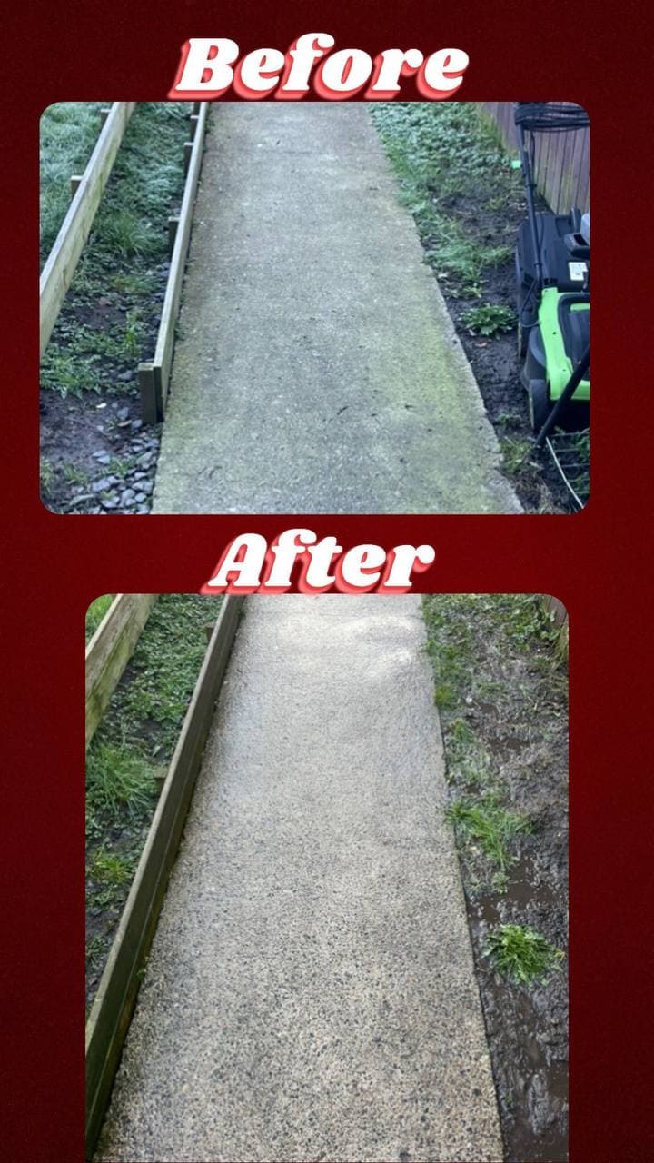 Before and after of a concrete path jet washed clean