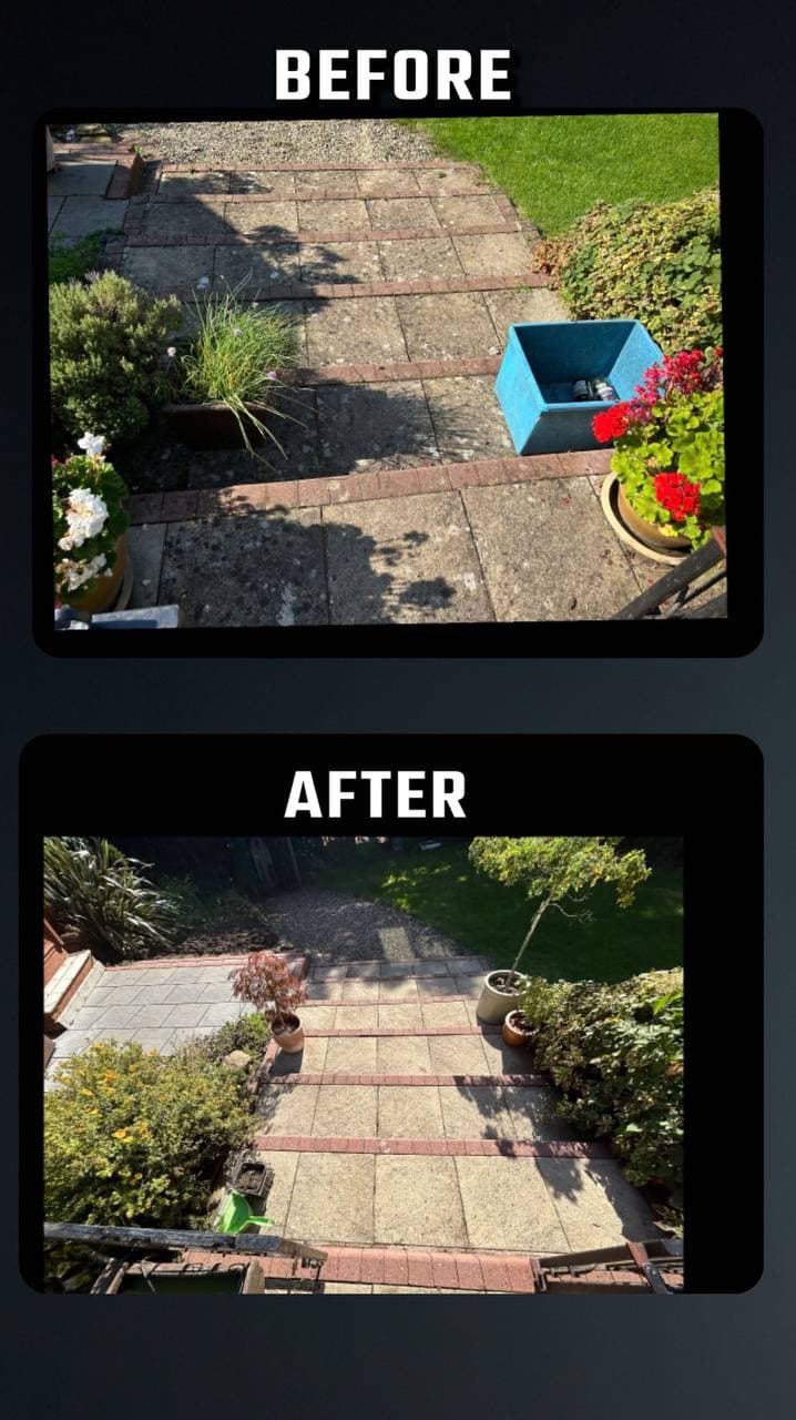 Before and after of mossy paving washed back to clean stone