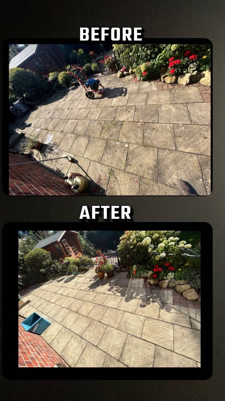Before and after of a patio jet washed clean, with dirt lifted from the slabs