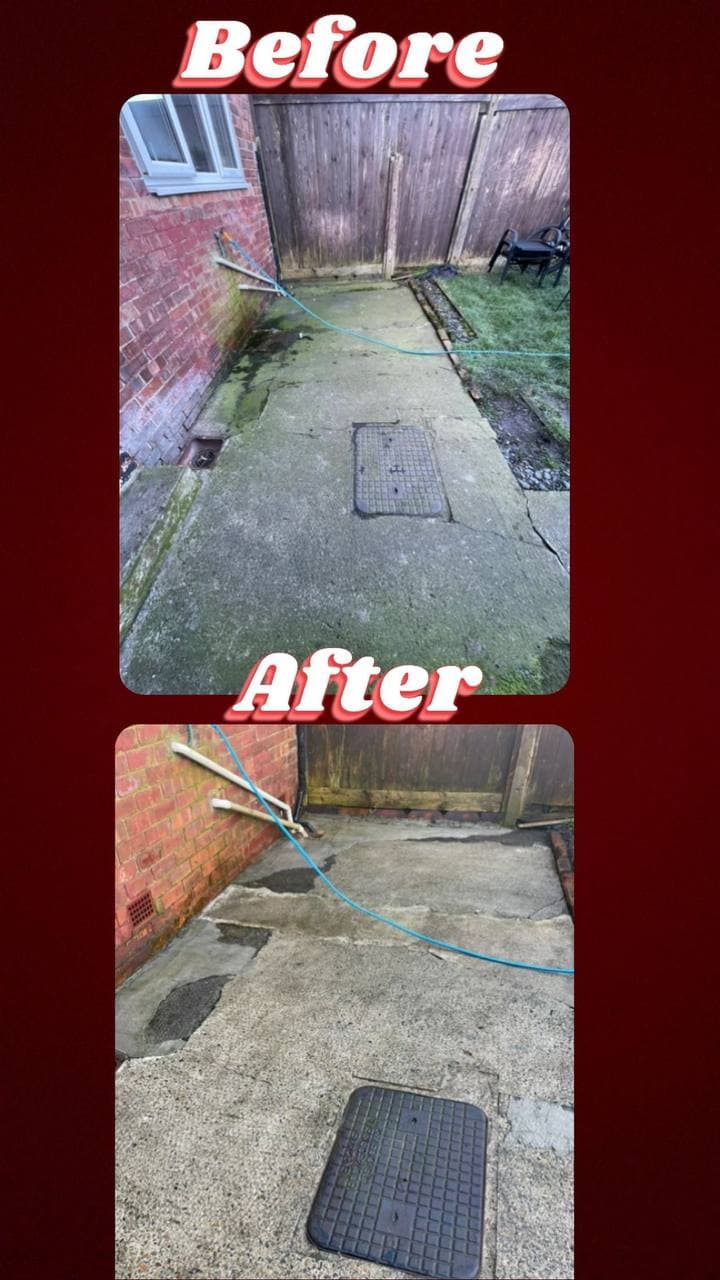 Before and after of a back yard and drain cover jet washed clean